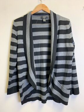 Verve Ami Black & Gray Striped Open-Front Cardigan